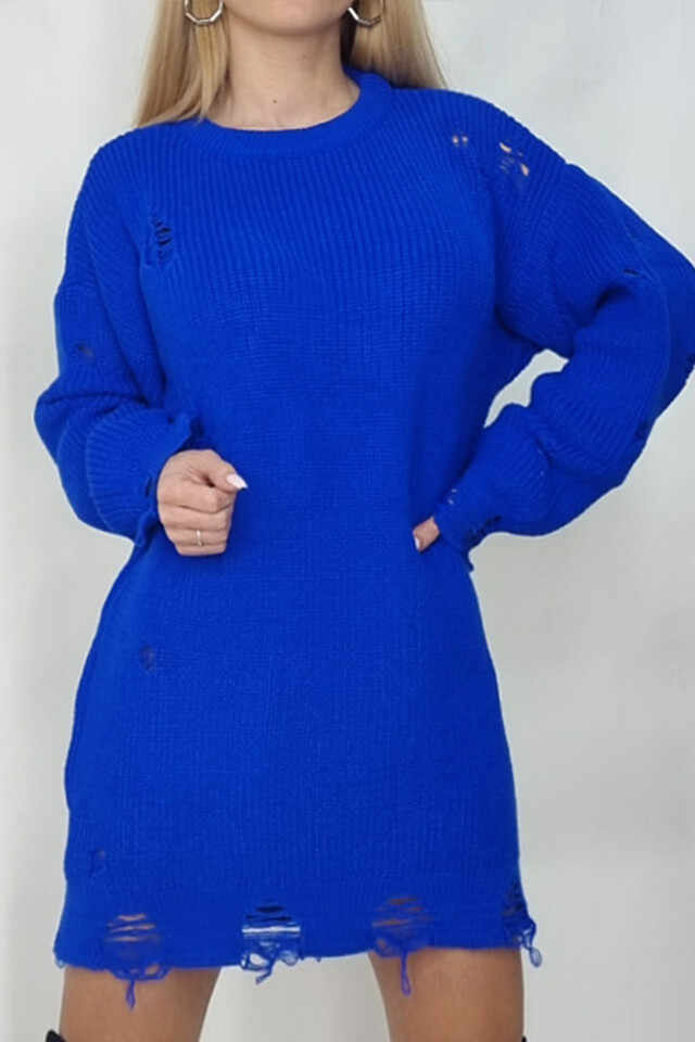 Pulover lung tricotat Laura, cu decupaje in material, Albastru, Marime universala S/M/L