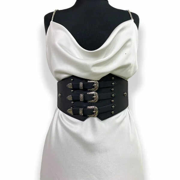 Centura corset Vog neagra, lata, din piele ecologica, elastica, cu catarame argintii