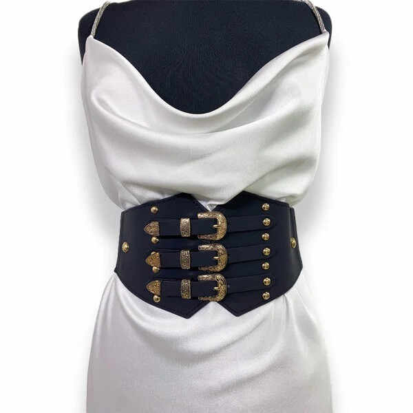 Centura corset Vog neagra, lata, din piele ecologica, elastica, cu catarame aurii