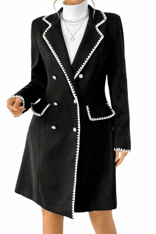 Palton bicolor Olga, cu lungime medie si croi cambrat, Negru, Marime S/M