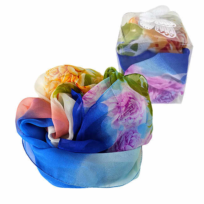 Esarfa lunga Elissa, cu textura de matase si imprimeu floral, pastelat, ambalata in cutie transparenta, Albastru, 150x50 cm