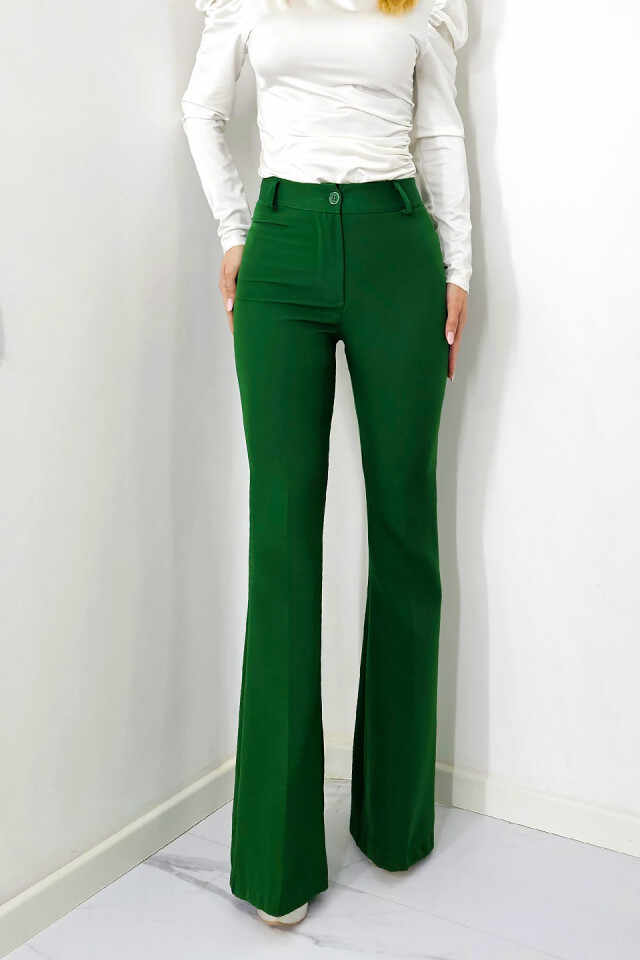 Pantaloni eleganti, Katte, croiala evazata si talie inalta, Verde inchis