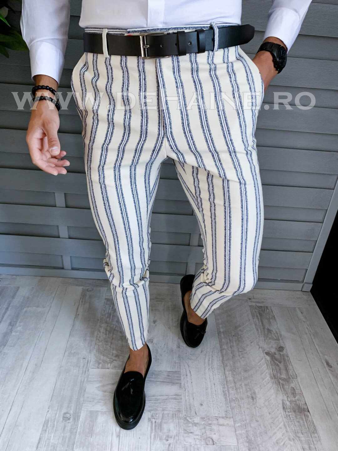Pantaloni barbati eleganti bej cu dungi B1594 /Z