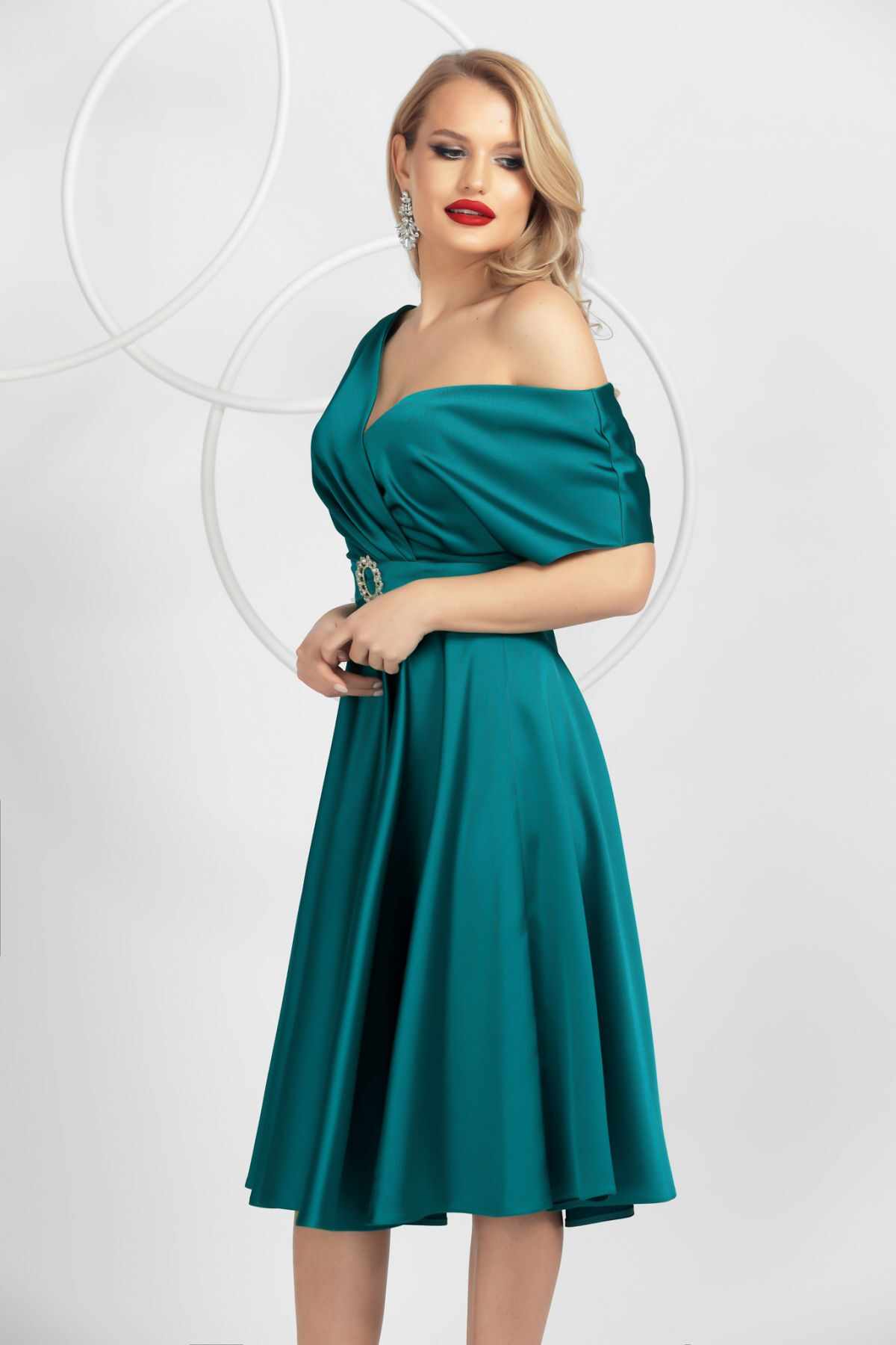 Rochie de ocazie Pretty Girl eleganta turquoise in clos din tafta