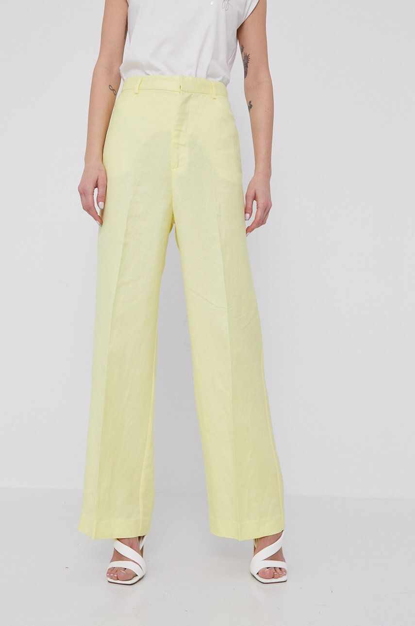 Bardot Pantaloni femei, culoarea galben, lat, high waist