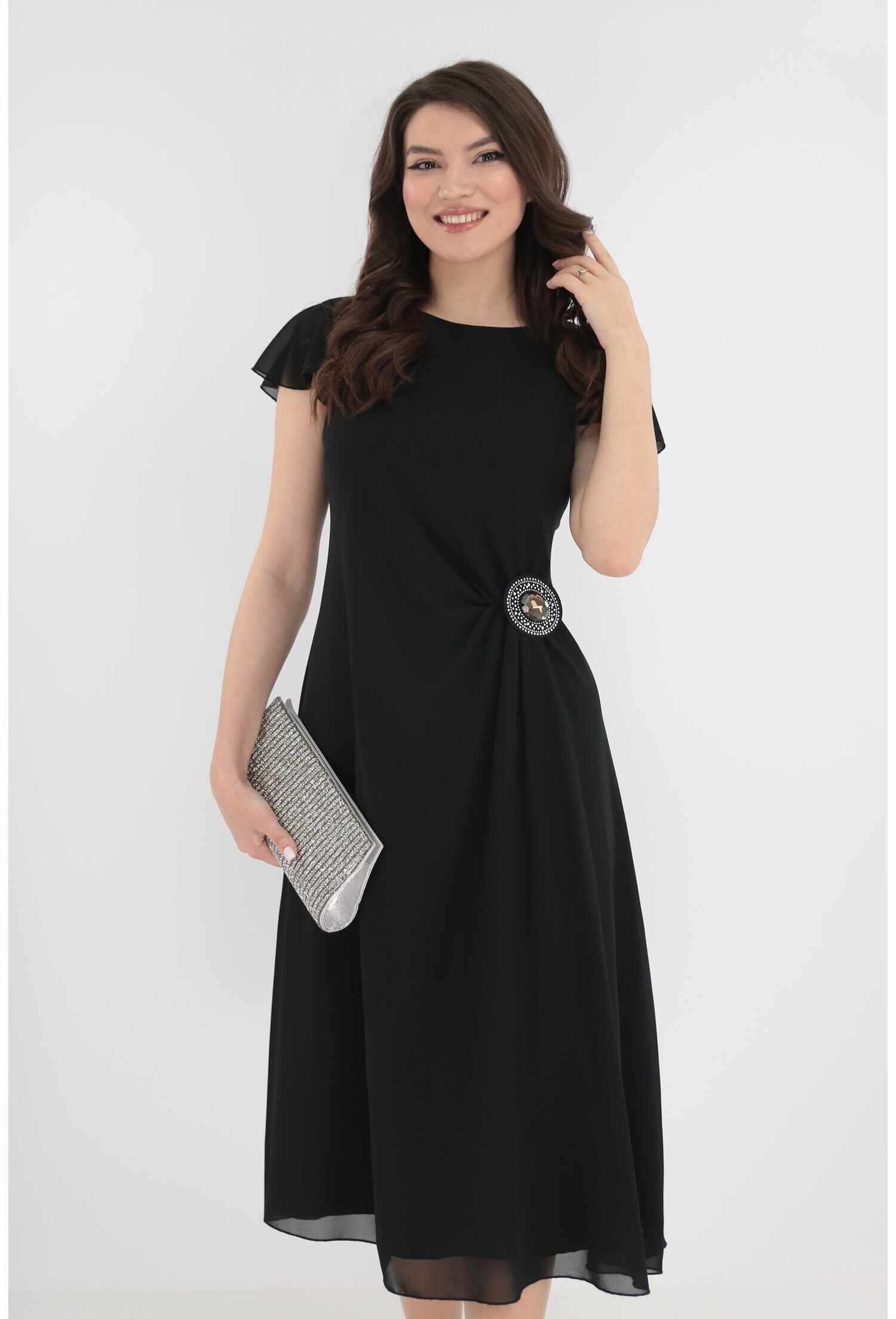 Rochie eleganta din voal negru cu brosa in talie