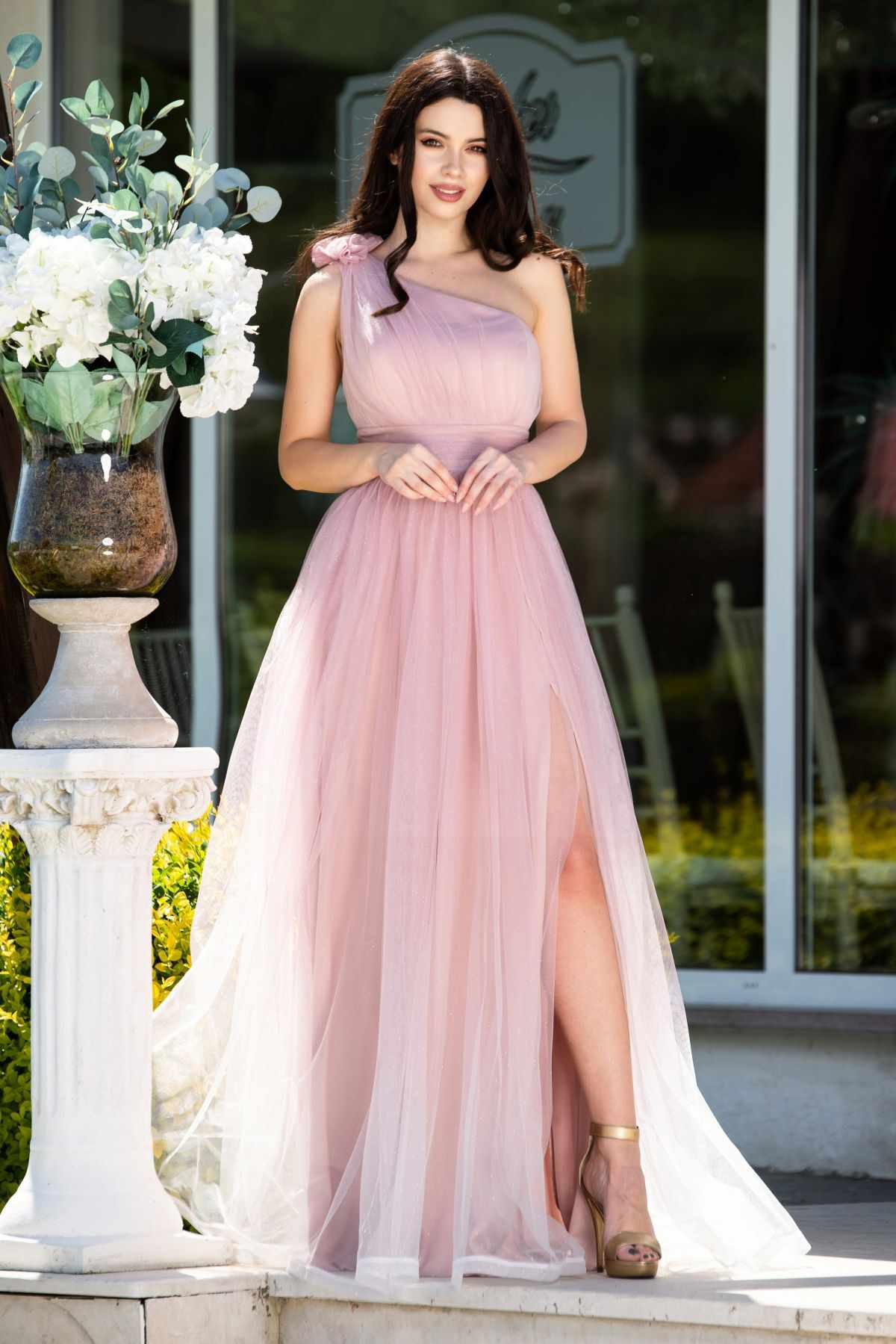 Rochie de seara Kendra lunga rose in degrade eleganta din tulle cu floare 3D