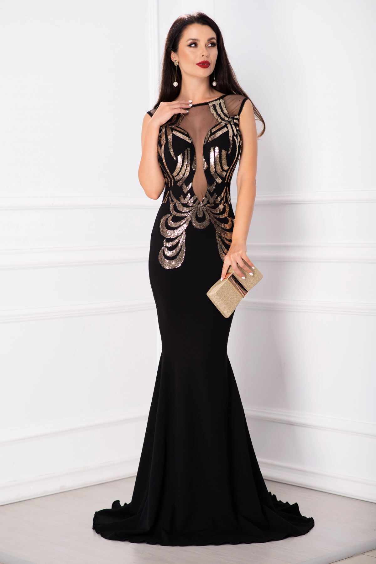 Rochie de seara eleganta lunga Bekky neagra cu model din paiete aurii