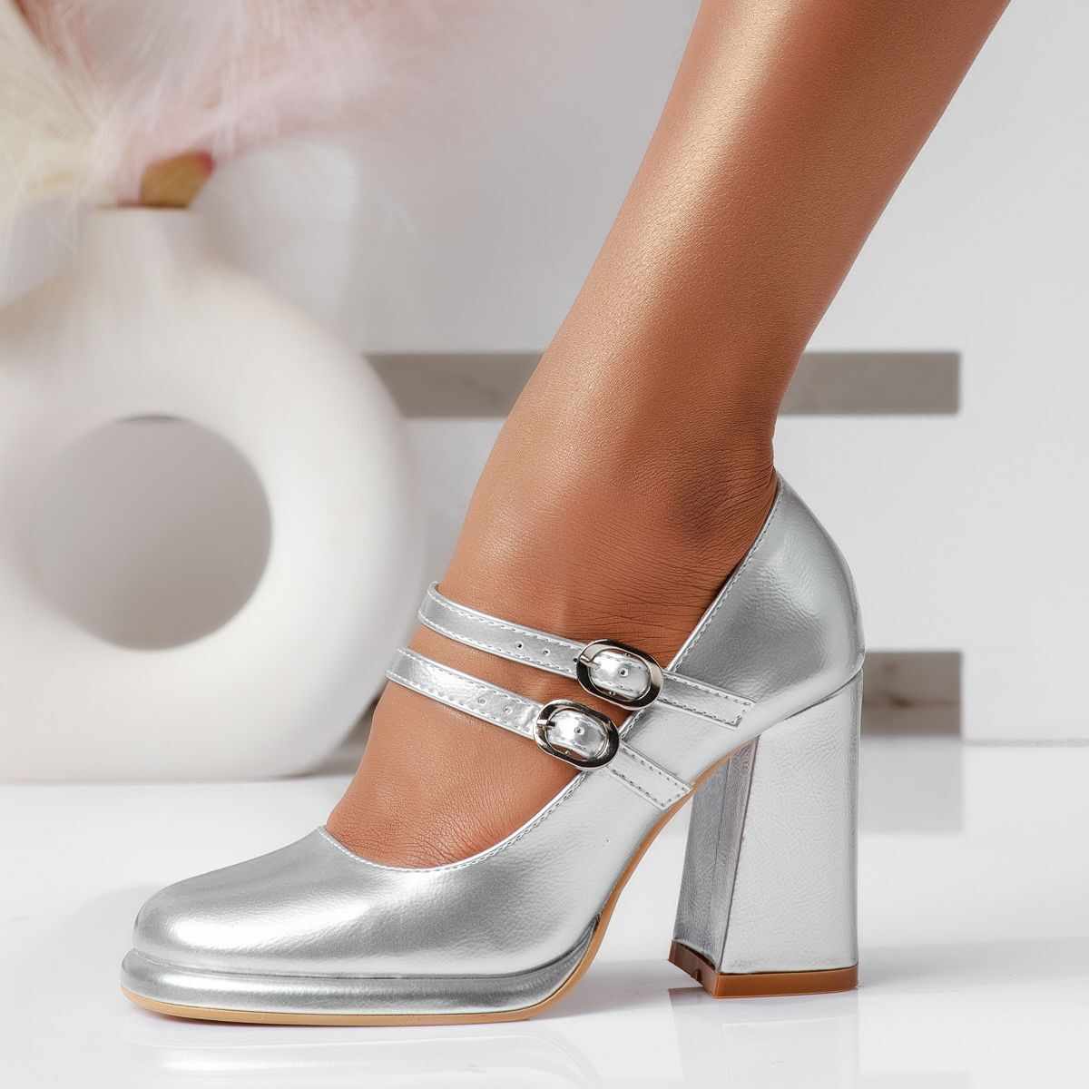 Pantofi Dama cu Toc Eden Argintii #16290