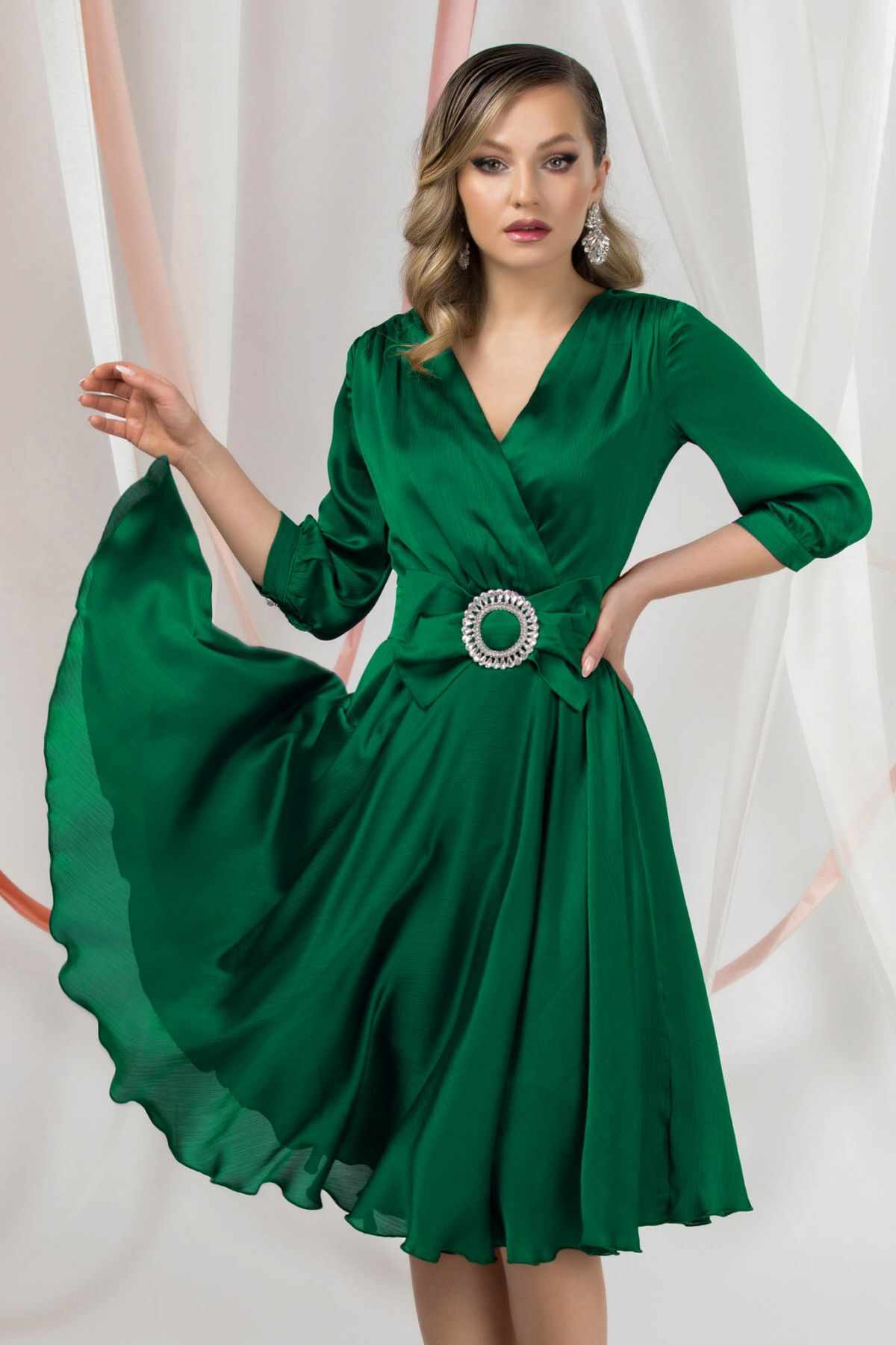 Rochie de ocazie eleganta Pretty Girl verde cu funda in talie
